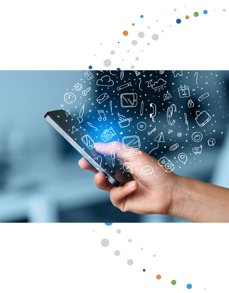 Mobile phone with app icons coming from the screen