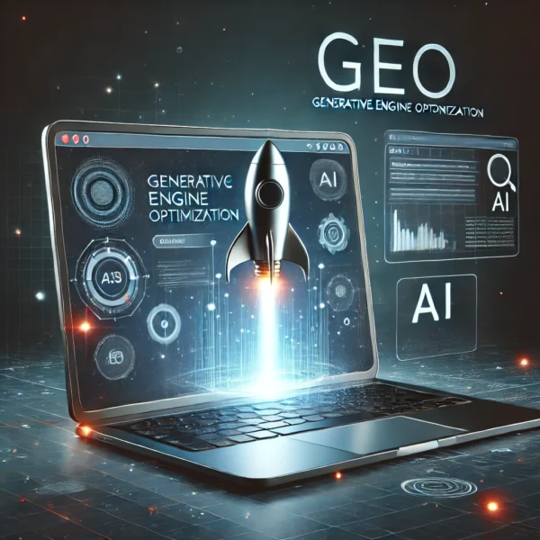 DALL·E 2025-02-18 11.35.05 – A clean and modern digital illustration of Generative Engine Optimization (GEO), the future of SEO. A laptop screen displays AI-driven search analytic