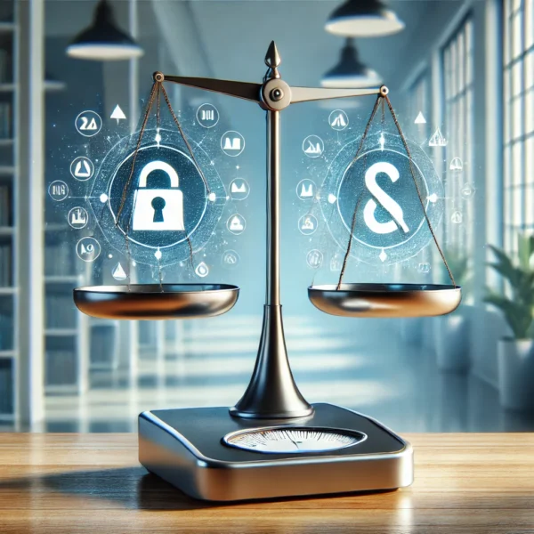 DALL·E 2025-02-28 15.50.02 – A high-quality photograph of a modern, sleek digital scale with two abstract symbols representing privacy and personalization. The scale is set agains